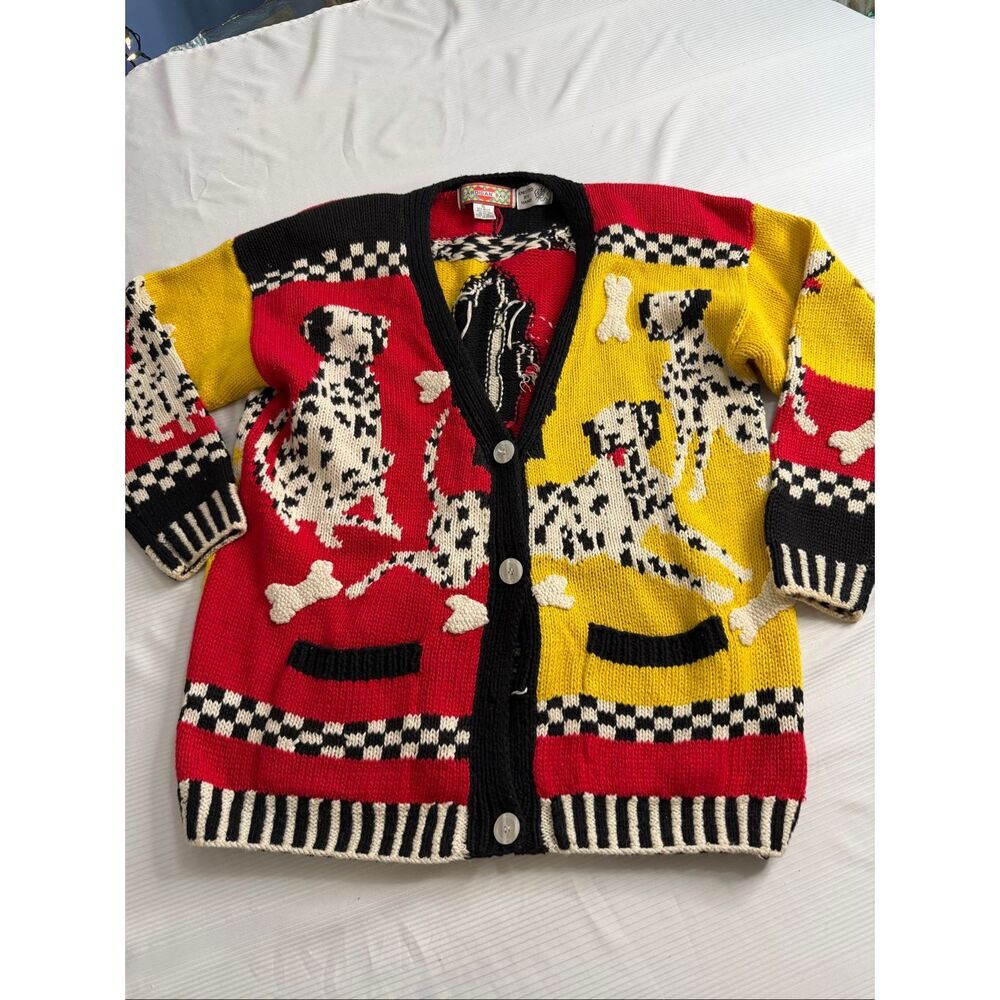 Vintage 90s Cardigan Bay Sweater XL Dalmatian Dogs Intarsia Hand Knit Cottage